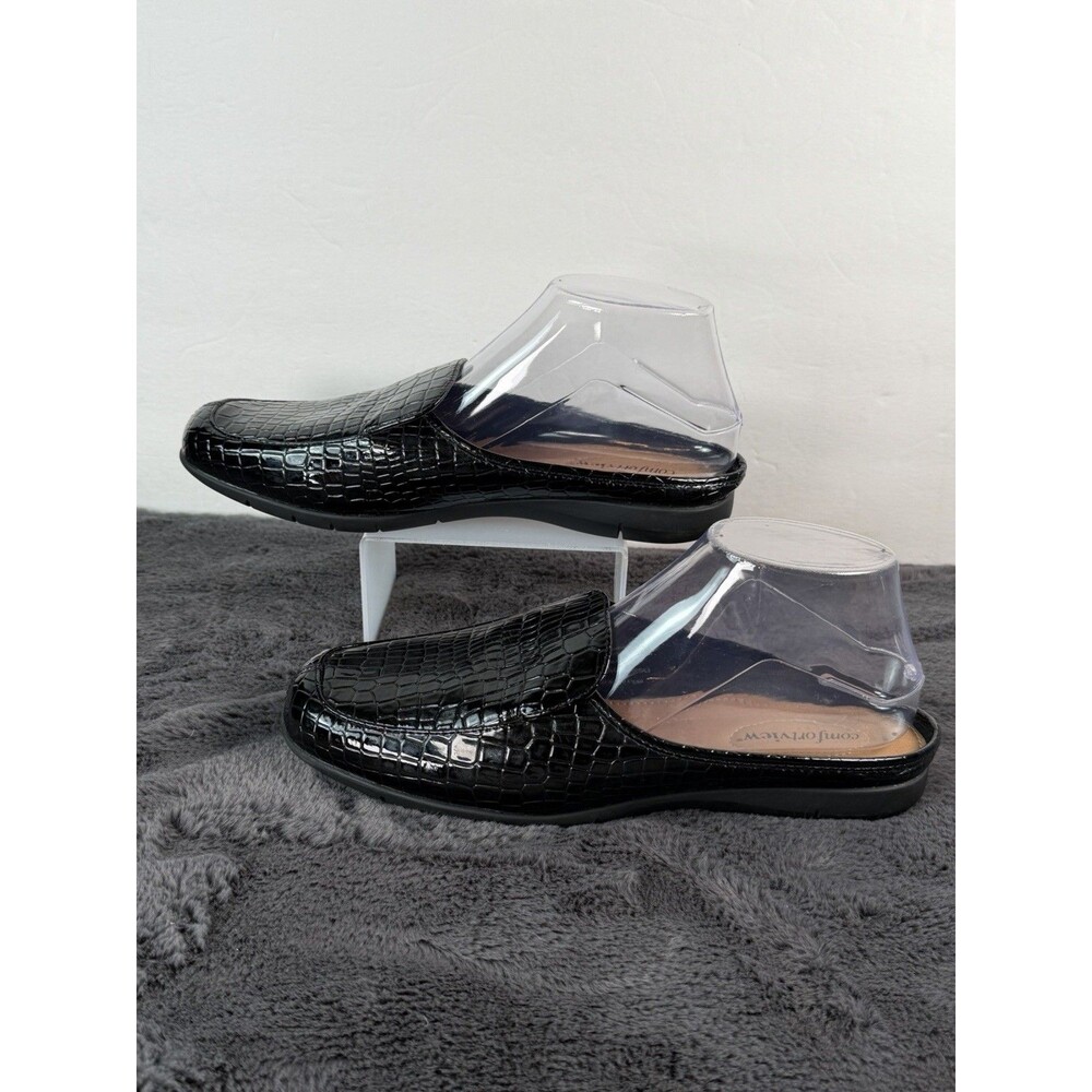 Comfortview Estelle Women’s 9M Black Croc Embossed Patent Slip On Loafers